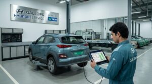 Technician checking Electric Car Technician checking Electric Car